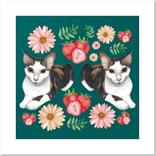 Calico Cat with Strawberries Daisies and Leaves Posters and Art